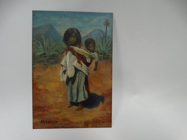 Tiny Oil Painting on Tin - Mexican Child Carrying a Baby 1914 P2525