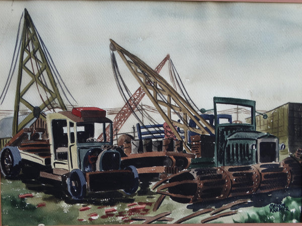 Marion Kramer -  Regionalist Watercolor - Winch Trucks in an Industrial Yard 1930s