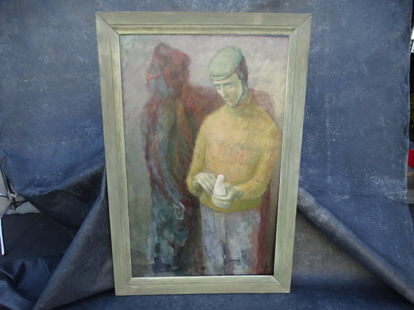 Jorgen Hansen - Man Holding Dove in the Company of His Shadow - Oil on Board 1960s