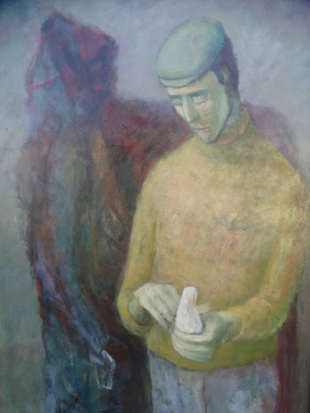 Jorgen Hansen - Man Holding Dove in the Company of His Shadow - Oil on Board 1960s