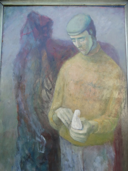 Jorgen Hansen - Man Holding Dove in the Company of His Shadow - Oil on Board 1960s