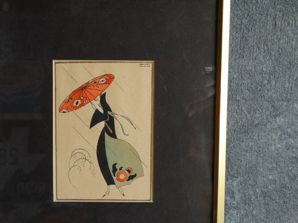 Lady In The Rain - Édouard Halouze - Small Pochoir c 1920 - Boudoir Art P2560