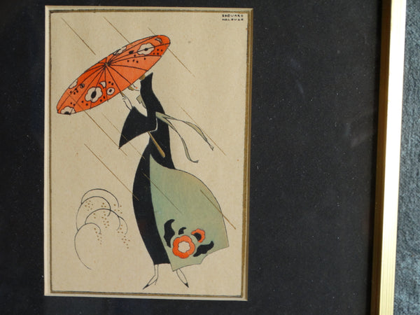 Lady In The Rain - Édouard Halouze - Small Pochoir c 1920 - Boudoir Art P2560