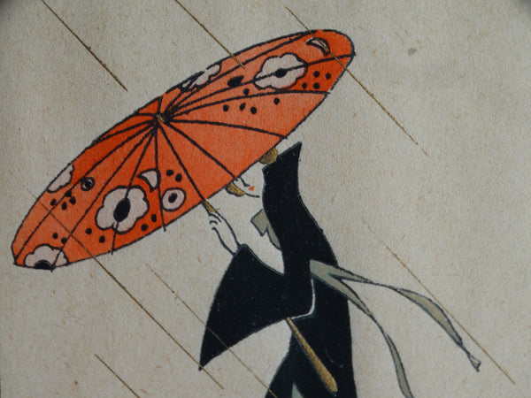 Lady In The Rain - Édouard Halouze - Small Pochoir c 1920 - Boudoir Art P2560