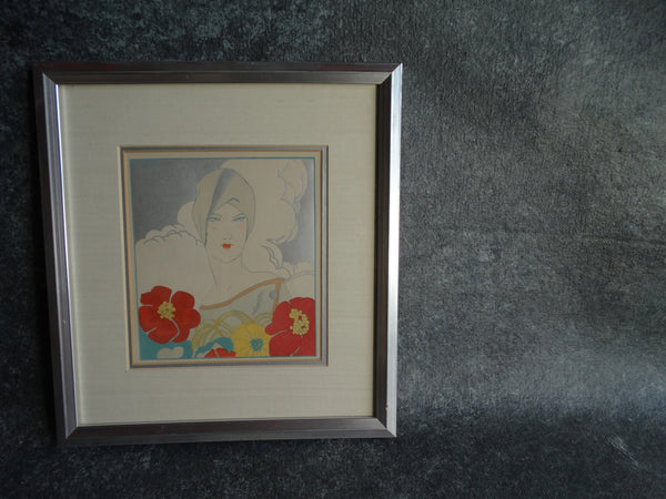 Turbaned Lady in a Day Dress with Crimson Flowers - Fashion Pochoir - Boudoir Art c  1920s