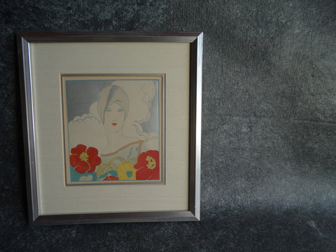 Turbaned Lady in a Day Dress with Crimson Flowers - Fashion Pochoir - Boudoir Art c  1920s