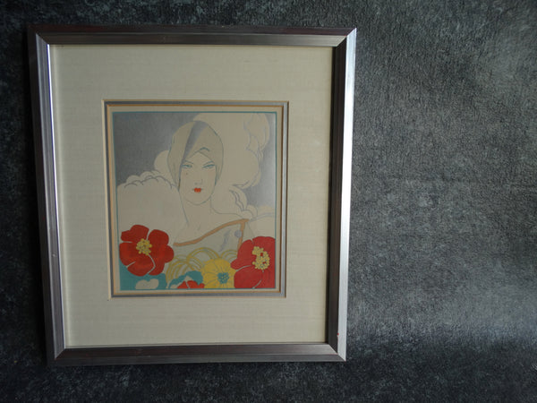 Turbaned Lady in a Day Dress with Crimson Flowers - Fashion Pochoir - Boudoir Art c  1920s