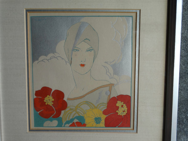 Turbaned Lady in a Day Dress with Crimson Flowers - Fashion Pochoir - Boudoir Art c  1920s