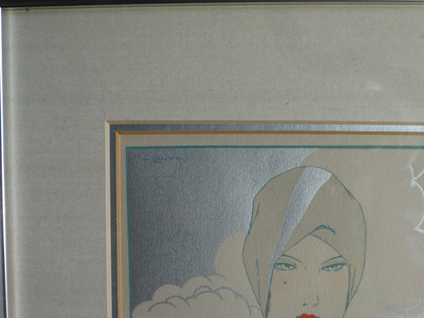 Turbaned Lady in a Day Dress with Crimson Flowers - Fashion Pochoir - Boudoir Art c  1920s