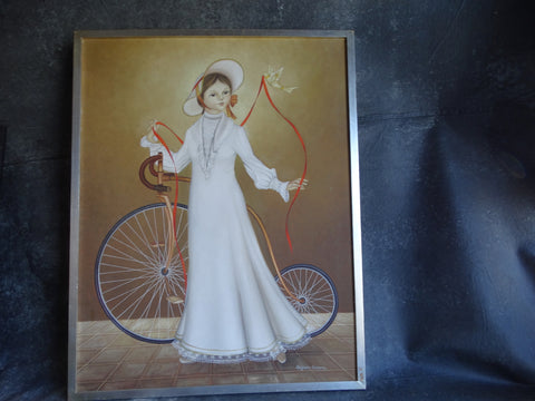 Alejandro Camarena (1942-2011) - Girl with A Penny Farthing Bicycle, a Dove And A Long Red Ribbon P2581