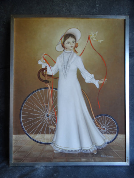 Alejandro Camarena (1942-2011) - Girl with A Penny Farthing Bicycle, a Dove And A Long Red Ribbon P2581