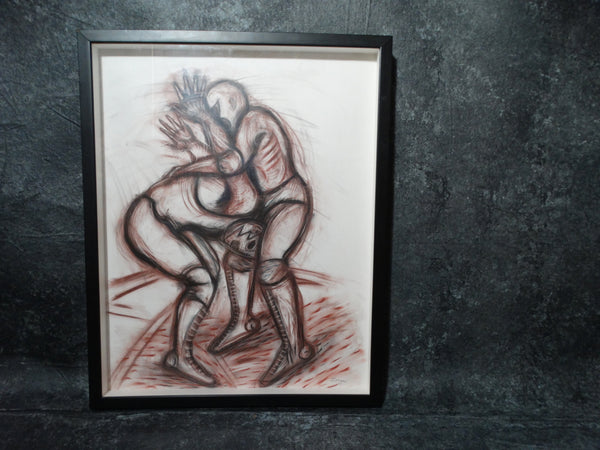 Ixrael- 2001 - Luchadores (The Wrestlers) - Charcoal and Conte Crayon Drawing P2596