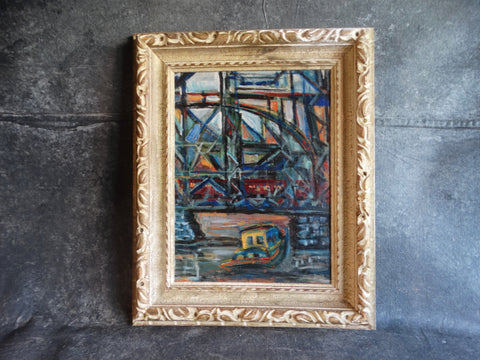 Modernist Cityscape - River Bridge - Oil on Board - P2602