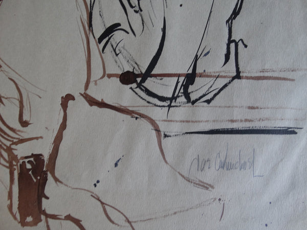 Jae Carmichael Four Men and a Harley Pen & Ink Sketch c 1951 P2615