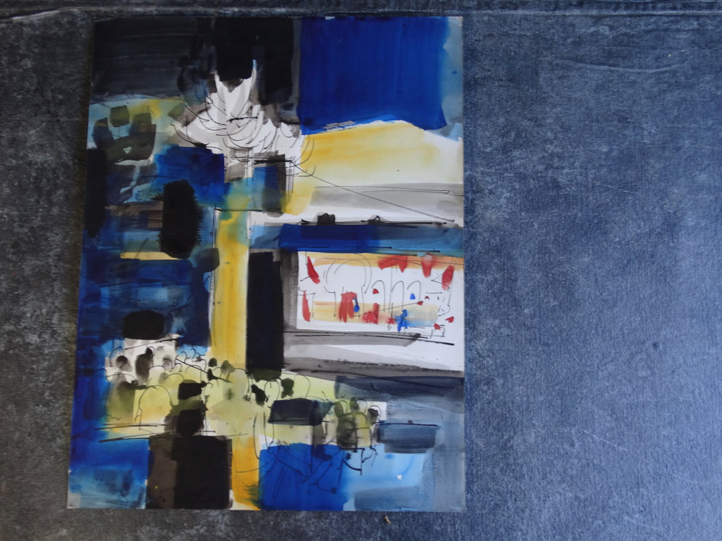 Jae Carmichael Modernist Theater Blue and Yellow Study 1960s Watercolor P2623