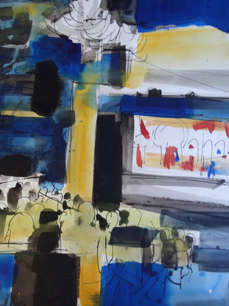 Jae Carmichael Modernist Theater Blue and Yellow Study 1960s Watercolor P2623