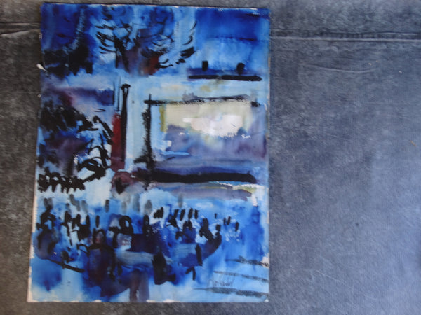 Jae Carmichael Modernist Theater Watercolor Study in Blues c 1960s P2624