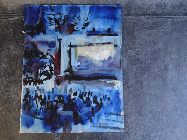 Jae Carmichael Modernist Theater Watercolor Study in Blues c 1960s P2624