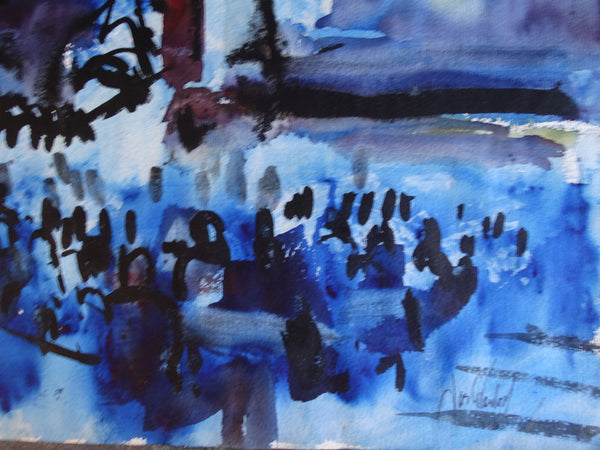 Jae Carmichael Modernist Theater Watercolor Study in Blues c 1960s P2624