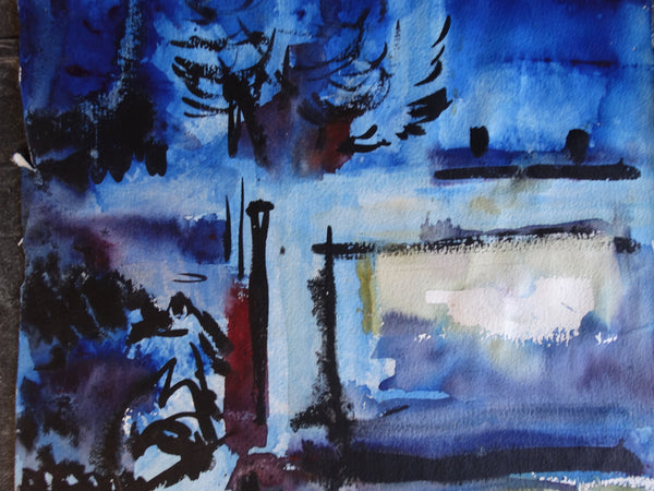 Jae Carmichael Modernist Theater Watercolor Study in Blues c 1960s P2624