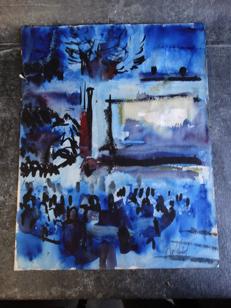 Jae Carmichael Modernist Theater Watercolor Study in Blues c 1960s P2624