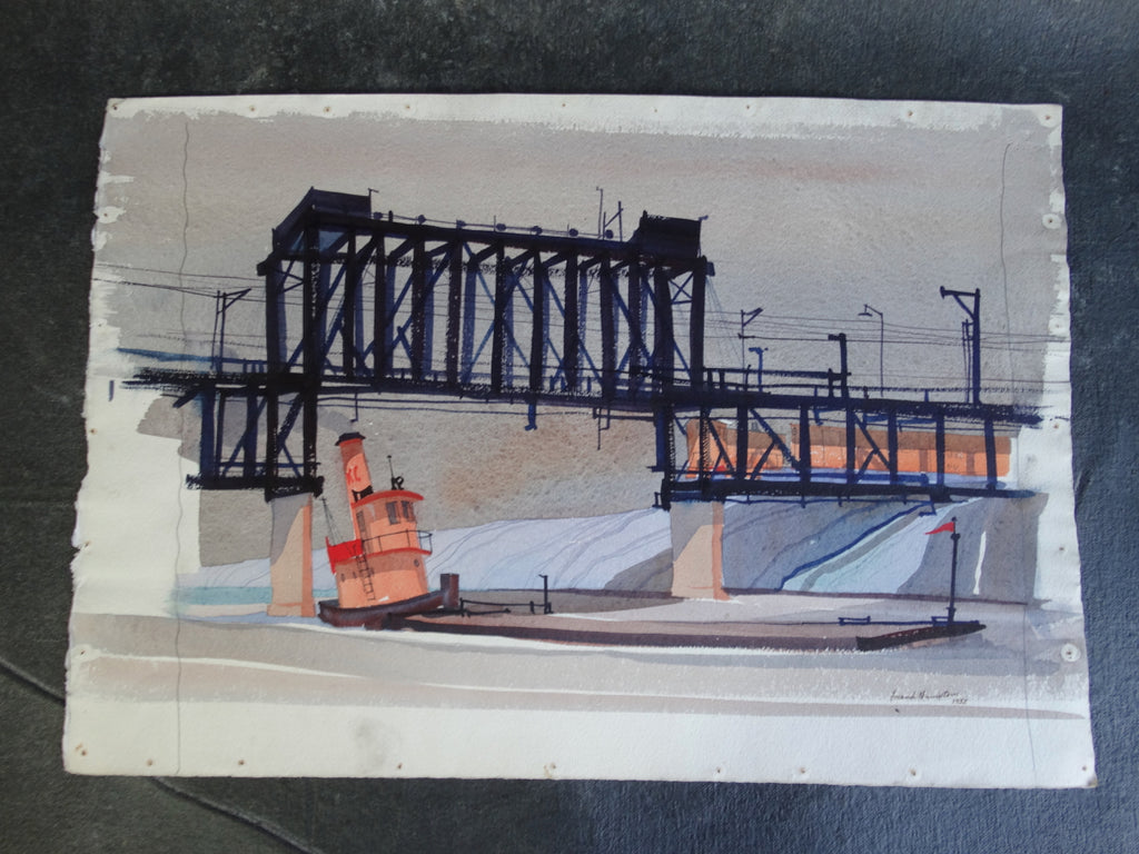 Frank Moss Hamilton - Drop Bridge  - 1952 Industrial Landscape Watercolor P2626