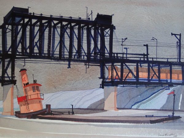 Frank Moss Hamilton - Drop Bridge  - 1952 Industrial Landscape Watercolor P2626