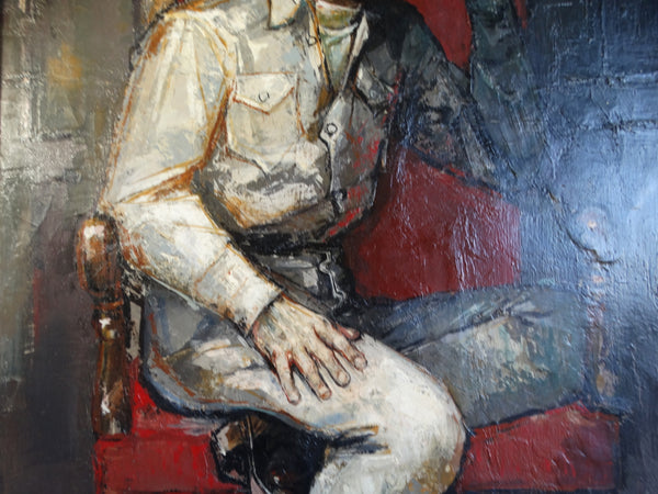 Bernard Locca (1926-1997)- Mod Young Man in a Red Chair 1960s Oil on Canvas P2646