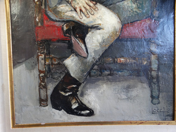 Bernard Locca (1926-1997)- Mod Young Man in a Red Chair 1960s Oil on Canvas P2646