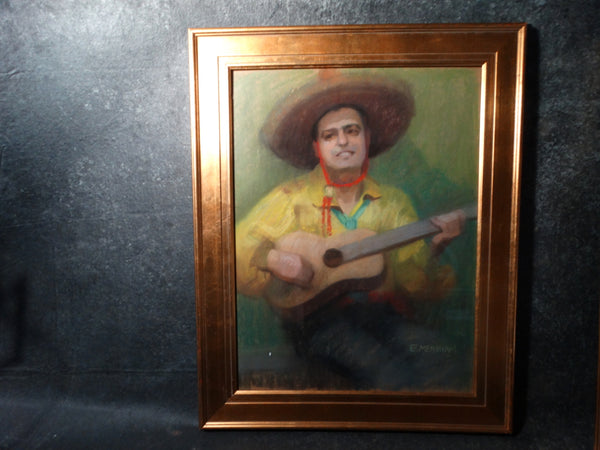 Eleanor Merriam Lukits - The Guitar Player - circa 1940s - Oil Pastel on Board P2654