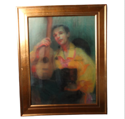 Eleanor Merriam Lukits - Oil Pastel on Board - The Guitarist - circa 1940s P2655
