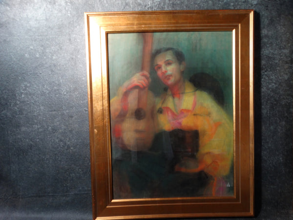 Eleanor Merriam Lukits - Oil Pastel on Board - The Guitarist - circa 1940s P2655