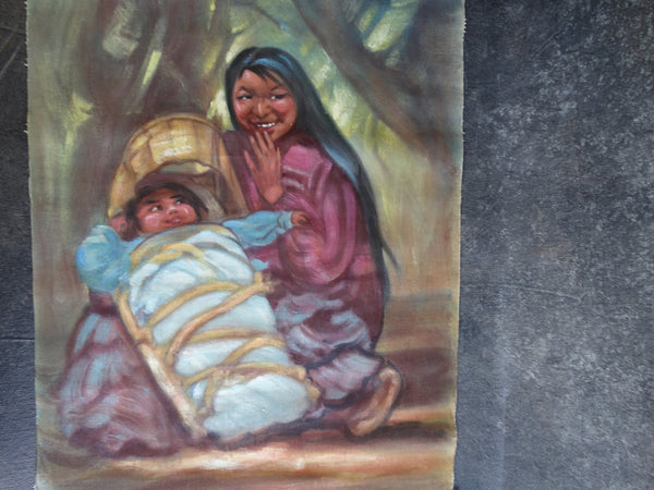 Gay Betts (Grace Mae Betts 1883-1978) - Oil on Canvas Hanging Scroll of Native American Mother & Child, Apache Papoose - P2657