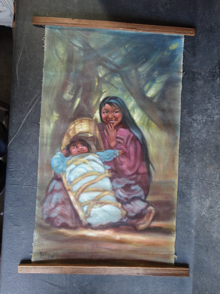 Gay Betts (Grace Mae Betts 1883-1978) - Oil on Canvas Hanging Scroll of Native American Mother & Child, Apache Papoose - P2657