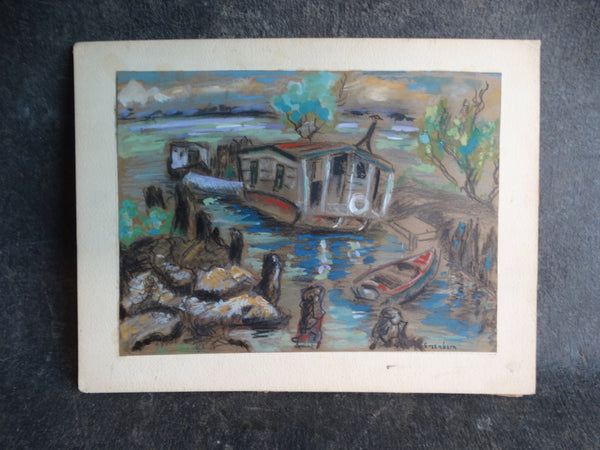 Meyer Greenberg Houseboat - Mixed Media on Paper circa 1940s P2701