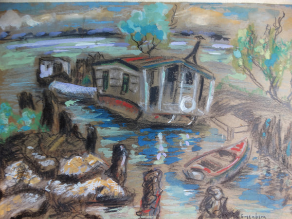 Meyer Greenberg Houseboat - Mixed Media on Paper circa 1940s P2701