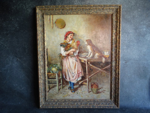 19th Century Italian Oil on Canvas Girl with Pet Rooster and Dog P2714