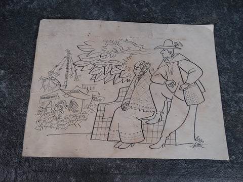 Alberto Beltrán - Traditional Couple Bemused By A Rock Concert at a Fun Fair - Ink Drawing - P2763