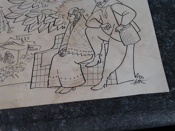 Alberto Beltrán - Traditional Couple Bemused By A Rock Concert at a Fun Fair - Ink Drawing - P2763