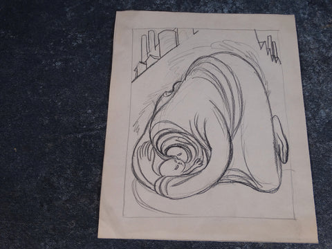 Alberto Beltrán - Drawing- Mother kneeling to embrace child outside a factory - P2773