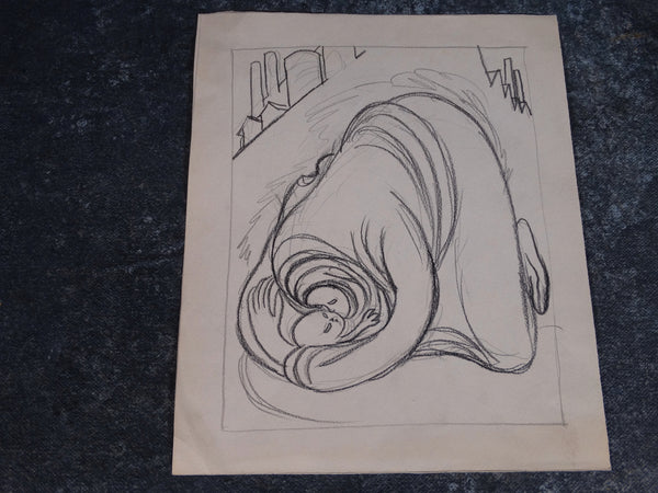 Alberto Beltrán - Drawing- Mother kneeling to embrace child outside a factory - P2773