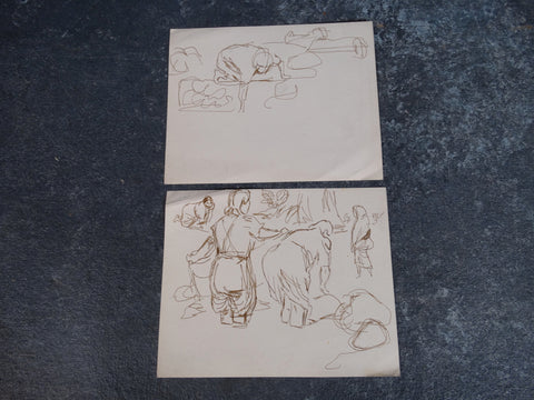 Alberto Beltrán - Two pages: Studies of Washerwomen at Work - Pen & Ink P2793