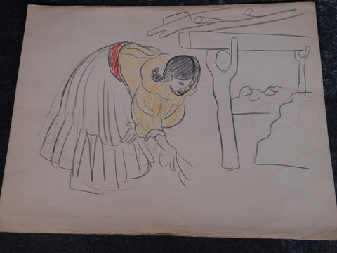 Alberto Beltrán - Woman Bending to Sweep - Colored Pencil - P2805