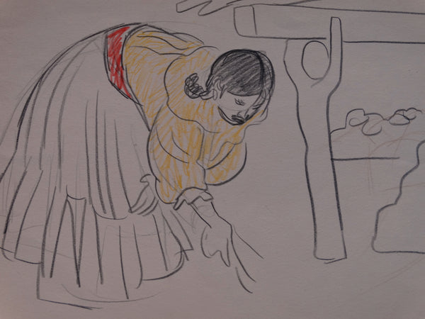 Alberto Beltrán - Woman Bending to Sweep - Colored Pencil - P2805