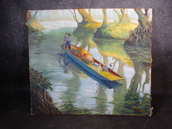Alfonso Tirado - Flower-Seller in His Boat on His Way to Market - Oil on Canvas P2881