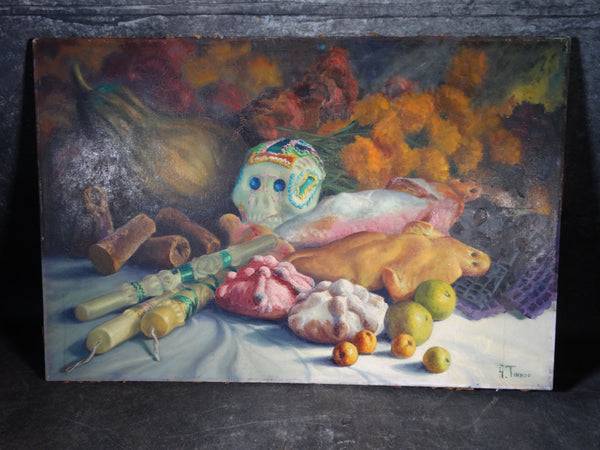 Alfonso Tirado Sugar Skull and Still Life with Candles, Fish and Fruit -Oil on Canvas - P2882