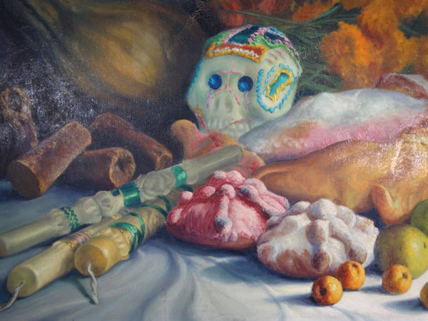 Alfonso Tirado Sugar Skull and Still Life with Candles, Fish and Fruit -Oil on Canvas - P2882