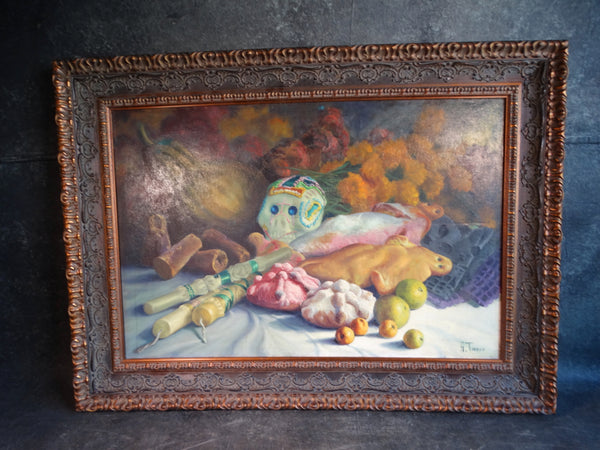 Alfonso Tirado Sugar Skull and Still Life with Candles, Fish and Fruit -Oil on Canvas - P2882