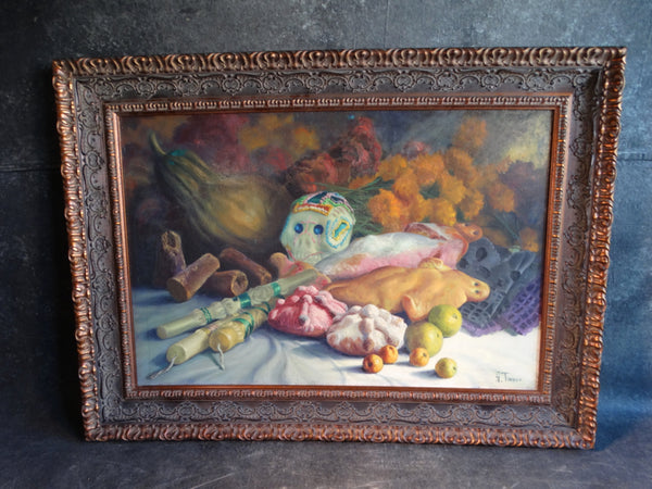Alfonso Tirado Sugar Skull and Still Life with Candles, Fish and Fruit -Oil on Canvas - P2882