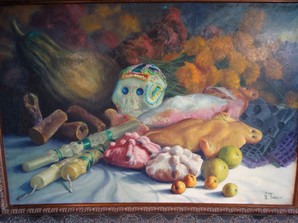 Alfonso Tirado Sugar Skull and Still Life with Candles, Fish and Fruit -Oil on Canvas - P2882